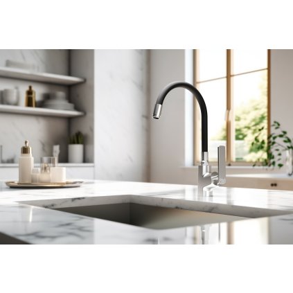 Invena Ligaria, baterie chiuvetă înaltă cu braț elastic, sistem Eco Start, crom-negru mat, INV-BZ-39-008-L