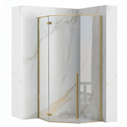 Rea Diamond, cabină de duș cu 5 unghiuri 90x90, sticlă transparentă de 6 mm, profil auriu mat + cădiță de duș neagră, KPL-K6507