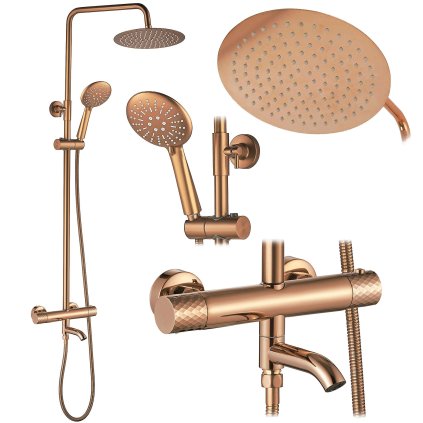 Rea Lungo Diamond, set duș/cadă cu baterie termostatică, duș fix și duș manual, cupru lucios, REA-P5964