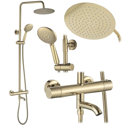 Rea Lungo Diamond, set duș/cadă cu baterie termostatică, duș fix și duș manual, auriu strălucitor, REA-P5960