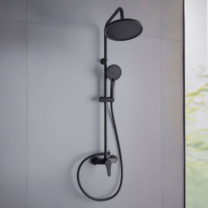 Invena Kalymnos, set de duș cu baterie cu pârghie, negru mat, INV-AU-28-004-V