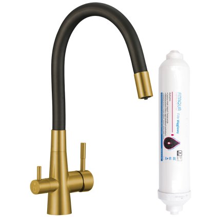 Laveo Riveco, baterie înaltă pentru chiuvetă cu pipă flexibilă și filtru de apă potabilă, negru mat-auriu mat, LAV-BRIBG68D