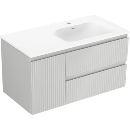 Mexen Rivel, mobilier baie 90 cm cu lavoar dreapta Vela, 2S, 1D, canelat, gri mat/alb mat - 91A23-09047-3-BBFFF62-W23P01