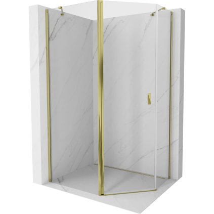 Cabină de duș pentagonală cu balamale Mexen Mist 100 x 90 cm, sticlă transparentă, profil auriu strălucitor, 8A8-100-090-50-00
