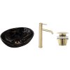Rea Sofia, set chiuvetă cu model de marmură neagră + robinet înalt Lungo auriu lucios + dop de scurgere universal, KPL-09994