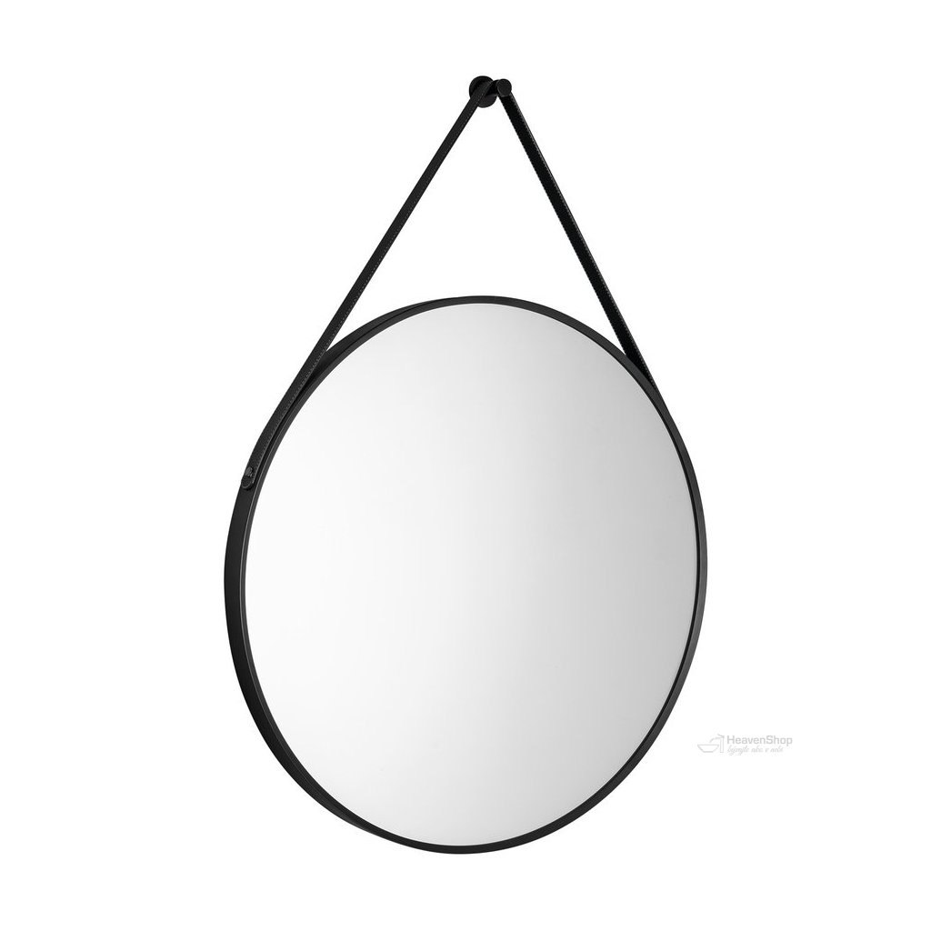 Aqualine, STAGO zrkadlo guľaté s koženým popruhom, priemer 60cm, čierna matná, SG065