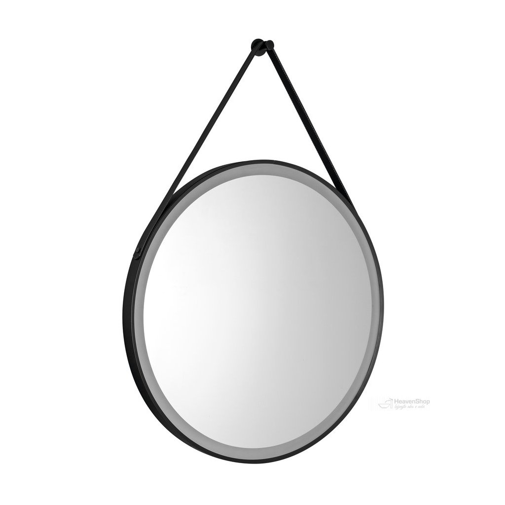 Aqualine, STAGO guľaté zrkadlo s LED osvetlením priemer 60cm, kožený popruh, dotykový senzor, stmievateľné, čierna matná, SG060
