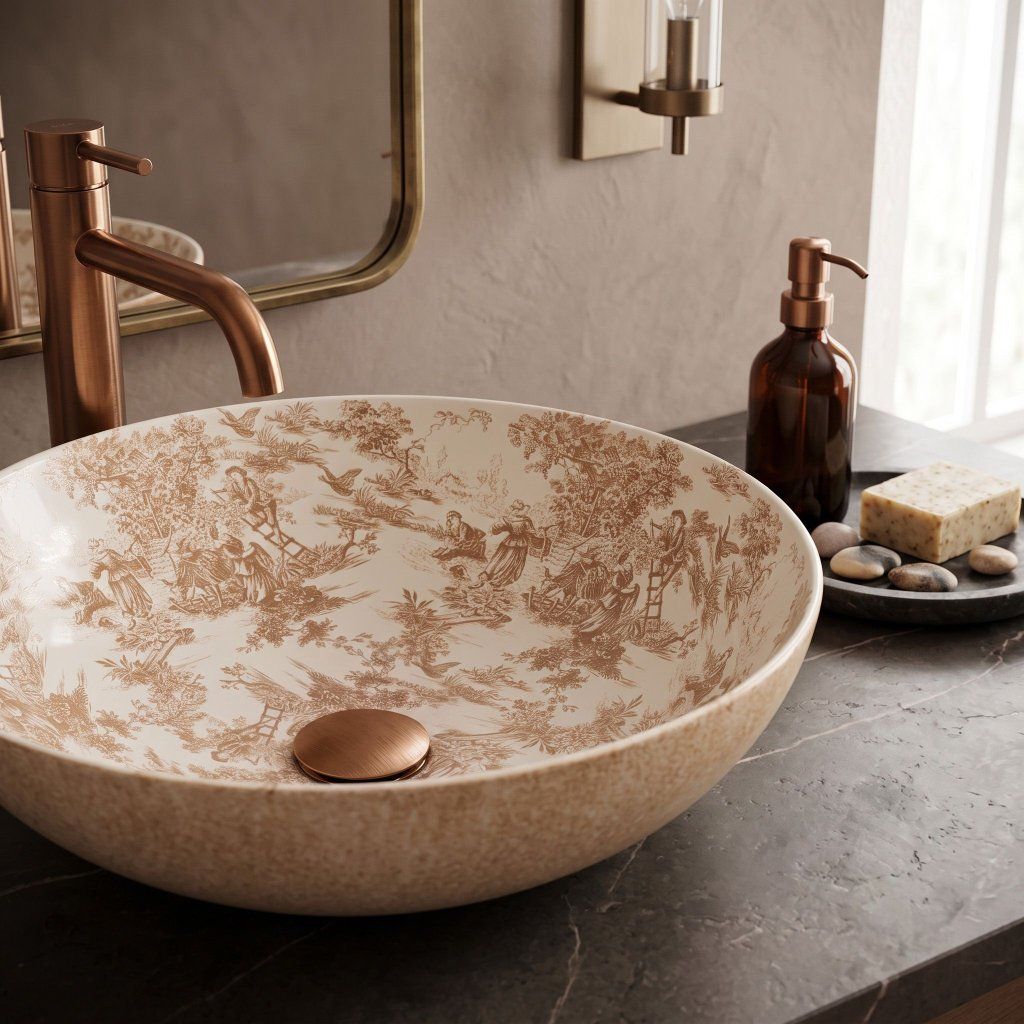 Rea Juliana Brown, umývadlo na dosku, 40 × 40 cm, dekor hnedý vintage, REA-U7889 – detail povrchu
