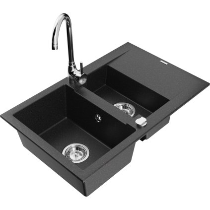 Mexen Gaspar, 1,5-komorový granitový drez s odkvapkávačom 74x48 cm a kuchynskou batériou Telma, čierna-strieborná, 6507-73-670200-00