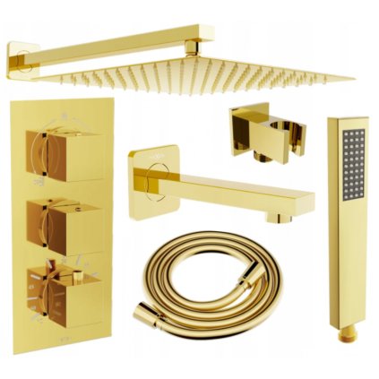 Mexen Cube DR02 podomietkový vaňový a sprchový set s hlavovou sprchou 30x30 cm (7v1), zlatá, 77503DR0230-50