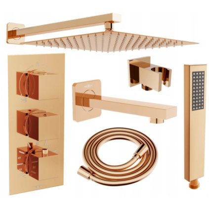 Mexen Cube DR02 podomietkový vaňový a sprchový set s hlavovou sprchou 30x30 cm (7v1), ružové zlato, 77503DR0230-60
