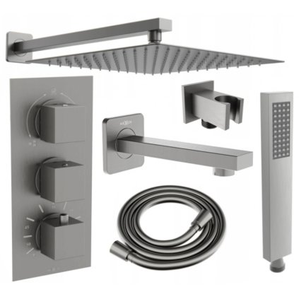 Mexen Cube DR02 podomietkový vaňový a sprchový set s hlavovou sprchou 30x30 cm (7v1), grafitová, 77503DR0230-66
