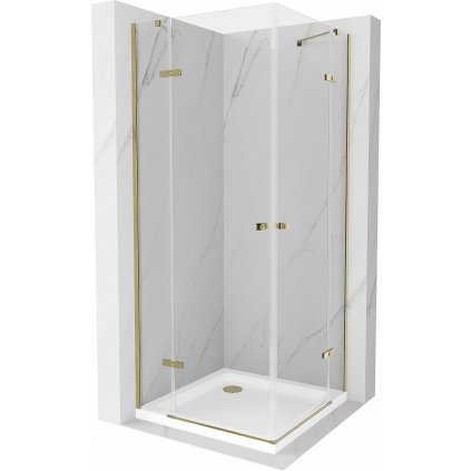 Mexen Roma Duo, sprchový kút 70 (dvere) x 70 (dvere) cm, 6mm číre sklo, zlatý profil + slim sprchová vanička 5cm biela + zlatý sifón, 854-070-070-50-02-4010G