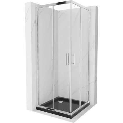 Mexen Rio, štvorcový sprchovací kút s posuvnými dverami 80 x 80 cm, 6mm číre sklo, chrómový profil + čierna sprchová vanička, 860-080-080-01-00-4070