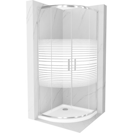 Mexen Rio, štvrťkruhový sprchovací kút s posuvnými dverami 80 x 80 cm, 6mm číre sklo/pásy, chrómový profil + biela sprchová vanička, 863-080-080-01-20-4110