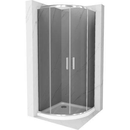 Mexen Rio, štvrťkruhový sprchovací kút s posuvnými dverami 80 x 80 cm, 6mm šedé sklo, chrómový profil + biela sprchová vanička, 863-080-080-01-40-4110