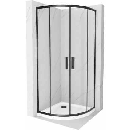 Mexen Rio, štvrťkruhový sprchovací kút s posuvnými dverami 90 x 90 cm, 5mm číre sklo, čierny profil + biela sprchová vanička, 863-090-090-70-00-4110B