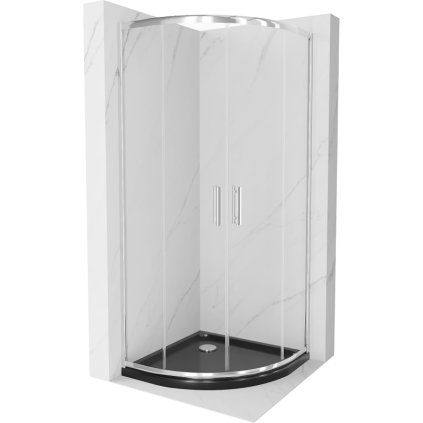 Mexen Rio, štvrťkruhový sprchovací kút s posuvnými dverami 80 x 80 cm, 6mm číre sklo, chrómový profil + čierna sprchová vanička, 863-080-080-01-00-4170