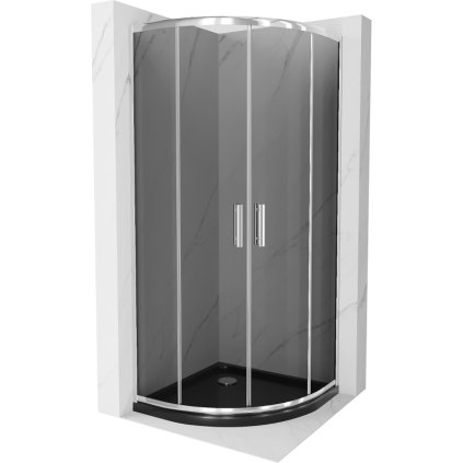 Mexen Rio, štvrťkruhový sprchovací kút s posuvnými dverami 80 x 80 cm, 6mm šedé sklo, chrómový profil + čierna sprchová vanička, 863-080-080-01-30-4170