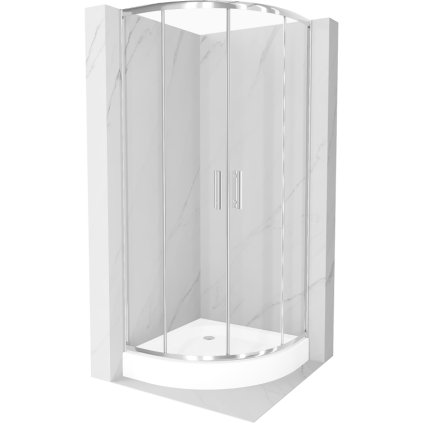 Mexen Rio, štvrťkruhový sprchovací kút s posuvnými dverami 90 x 90 cm, 6mm číre sklo, chrómový profil + biela vysoká sprchová vanička Rio, 863-090-090-01-00-4710
