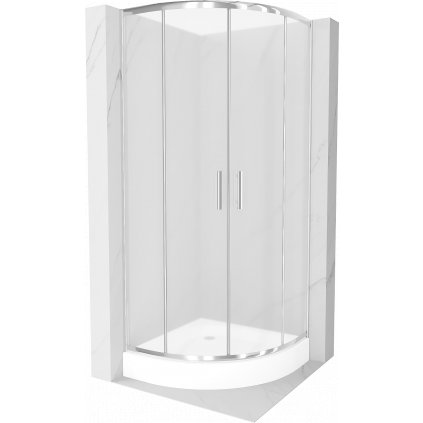 Mexen Rio, štvrťkruhový sprchovací kút s posuvnými dverami 70 x 70 cm, 5mm sklo námraza, chrómový profil + biela vysoká sprchová vanička Rio, 863-070-070-01-30-4710
