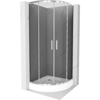 Mexen Rio, štvrťkruhový sprchovací kút s posuvnými dverami 70 x 70 cm, 6mm šedé sklo, chrómový profil + biela vysoká sprchová vanička Rio, 863-070-070-01-40-4710