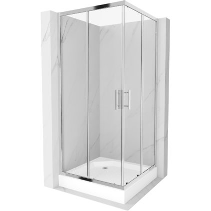 Mexen Rio, štvorcový sprchovací kút s posuvnými dverami 90 x 90 cm, 6mm číre sklo, chrómový profil + biela vysoká sprchová vanička Rio, 860-090-090-01-00-4510