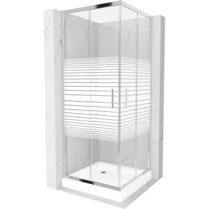 Mexen Rio, štvorcový sprchovací kút s posuvnými dverami 80 x 80 cm, 6mm číre sklo/pásy, chrómový profil + biela vysoká sprchová vanička Rio, 860-080-080-01-20-4510