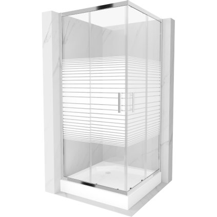 Mexen Rio, štvorcový sprchovací kút s posuvnými dverami 90 x 90 cm, 6mm číre sklo/pásy, chrómový profil + biela vysoká sprchová vanička Rio, 860-090-090-01-20-4510