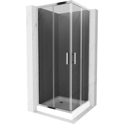 Mexen Rio, štvorcový sprchovací kút s posuvnými dverami 70 x 70 cm, 6mm šedé sklo, chrómový profil + biela vysoká vanička Rio, 860-070-070-01-40-4510
