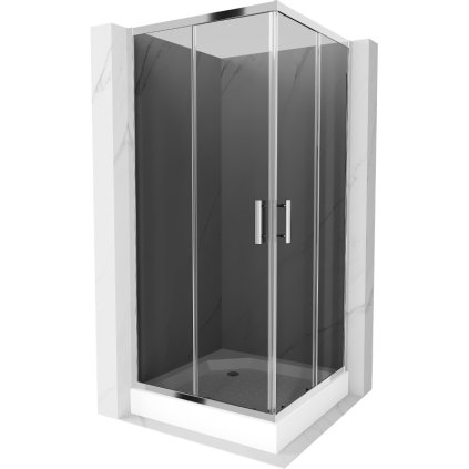 Mexen Rio, štvorcový sprchovací kút s posuvnými dverami 90 x 90 cm, 6mm šedé sklo, chrómový profil + biela vysoká vanička Rio, 860-090-090-01-40-4510