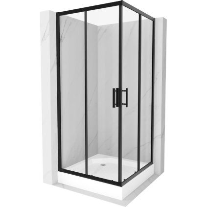 Mexen Rio, štvorcový sprchovací kút s posuvnými dverami 90 x 90 cm, 6mm číre sklo, čierny profil + biela vysoká vanička Rio, 860-090-090-70-00-4510