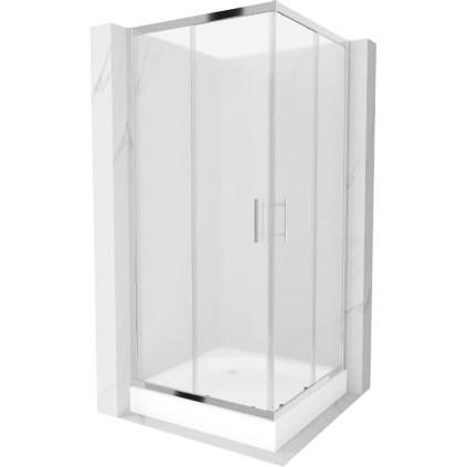 Mexen Rio, štvorcový sprchovací kút s posuvnými dverami 90(dvere) x 90(dvere) x 190 cm, 6mm sklo námraza, chrómový profil + biela sprchová vanička RIO, 860-090-090-01-30-4510