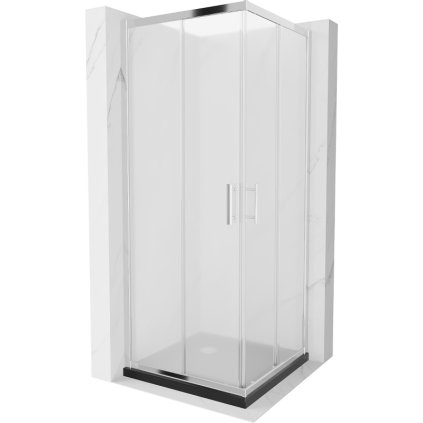 Mexen Rio, štvorcový sprchovací kút s posuvnými dverami 80(dvere) x 80(dvere) x 190 cm, 6mm sklo námraza, chrómový profil + čierna sprchová vanička SLIM, 860-080-080-01-30-4070