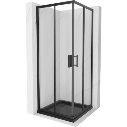 Mexen Rio, štvorcový sprchovací kút s posuvnými dverami 80 x 80 cm, 6mm číre sklo, čierny profil + čierna sprchová vanička, 860-080-080-70-00-4070B