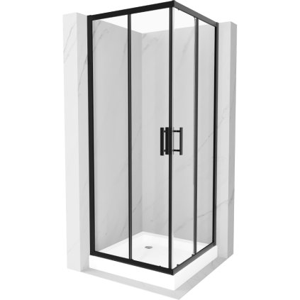 Mexen Rio, štvorcový sprchovací kút s posuvnými dverami 80 x 80 cm, 6mm číre sklo, čierny profil + biela vysoká sprchová vanička Rio, 860-080-080-70-00-4510