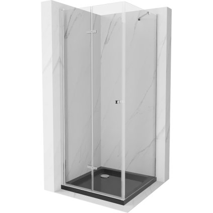Mexen Lima, sprchový kút so skladacími dverami 80 (dvere) x 80 (stena) cm, 6mm číre sklo, chrómový profil + slim sprchová vanička čierna + chrómový sifón, 856-080-080-01-00-4070