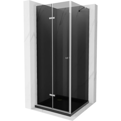Mexen Lima, sprchový kút so skladacími dverami 80 (dvere) x 80 (stena) cm, 6mm šedé sklo, chrómový profil + slim sprchová vanička čierna + chrómový sifón, 856-080-080-01-40-4070