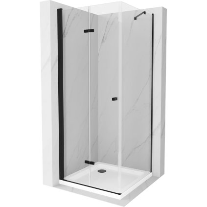 Mexen Lima, sprchovací kút so skladacími dverami 80 (dvere) x 80 (stena) cm, 6mm číre sklo, čierny profil + slim sprchová vanička biela s čiernym sifónom, 856-080-080-70-00-4010B