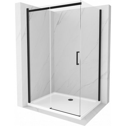 Mexen Omega, sprchovací kút s posuvnými dverami 140 (dvere) x 90 (stena) cm, 8mm číre sklo, čierny profil + slim sprchová vanička biela s čiernym sifónom, 825-140-090-70-00-4010B