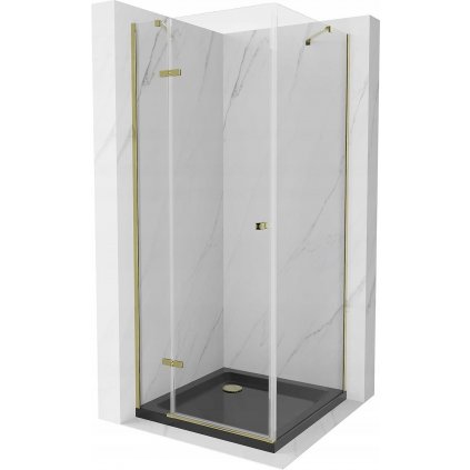 Mexen Roma, sprchový kút s krídlovými dverami 80 (dvere) x 80 (stena) cm, 6mm číre sklo, zlatý profil + slim sprchová vanička čierna + zlatý sifón, 854-080-080-50-00-4070G