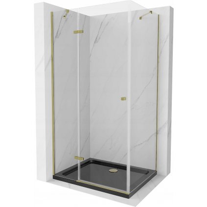Mexen Roma, sprchový kút s krídlovými dverami 80 (dvere) x 100 (stena) cm, 6mm číre sklo, zlatý profil + slim sprchová vanička čierna + zlatý sifón, 854-080-100-50-00-4070G