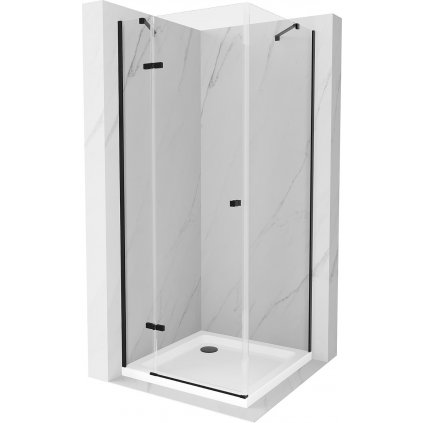 Mexen Roma, sprchovací kút s 1-krídlovými dverami 90 (dvere) x 90 (stena) cm, 6mm číre sklo, čierny profil, slim sprchová vanička 5cm biela s čiernym sifónom, 854-090-090-70-00-4010B