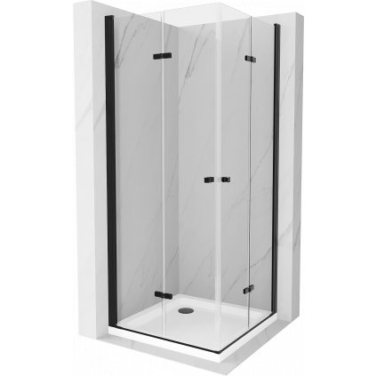 Mexen Lima Duo, sprchovací kút s 2-krídlovými skladacími dverami 80 (dvere) x 80 (dvere) cm, 6mm číre sklo, čierny profil + slim sprchová vanička 5cm biela s čiernym sifónom, 856-080-080-70-02-4010B