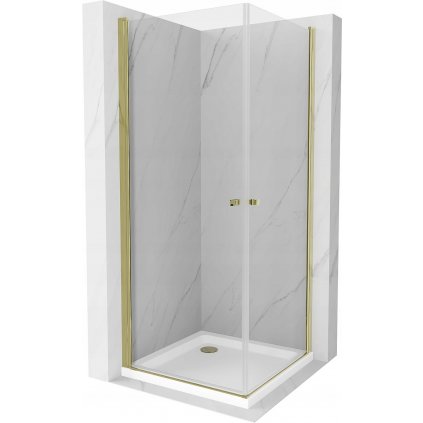 Mexen Pretoria Duo, sprchovací kút s 2-krídlovými dverami 70 (dvere) x 70 (dvere) cm, 6mm číre sklo, zlatý profil + slim sprchová vanička 5cm biela so zlatým sifónom, 852-070-070-50-02-4010G