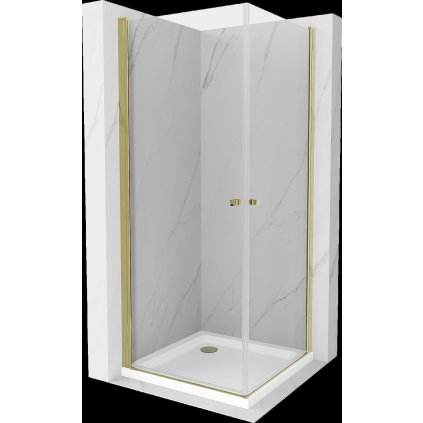 Mexen Pretoria Duo, sprchovací kút s 2-krídlovými dverami 80 (dvere) x 80 (dvere) cm, 6mm číre sklo, zlatý profil + slim sprchová vanička 5cm biela so zlatým sifónom, 852-080-080-50-02-4010G