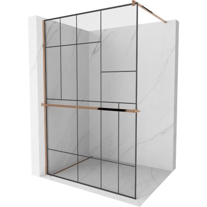 Mexen Kioto, sprchová zástena s poličkou a držiakom na uteráky 140 x 200 cm, 8mm číre sklo s čiernym vzorom, profil ružové zlato, 800-140-121-60-78