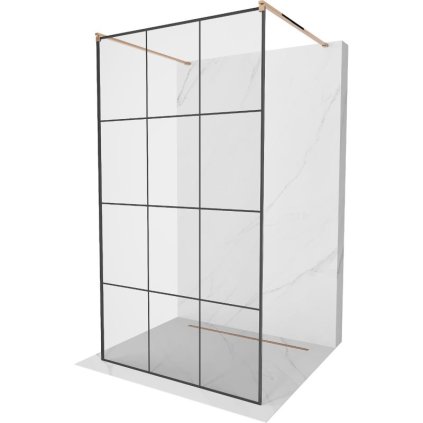 Mexen Kioto, priechodná sprchová zástena 120 x 200 cm, 8mm číre sklo - čierny vzor, 2x zlatá stabilizačná rozpera, profil ružové zlato, 800-120-002-60-77