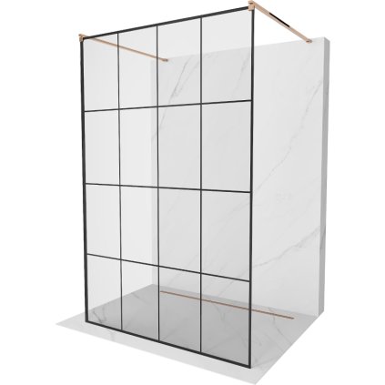 Mexen Kioto, priechodná sprchová zástena 130 x 200 cm, 8mm číre sklo - čierny vzor, 2x zlatá stabilizačná rozpera, profil ružové zlato, 800-130-002-60-77