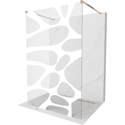 Mexen Kioto, priechodná sprchová zástena 140 x 200 cm, 8mm sklo číre s bielym vzorom, 2x zlatá stabilizačná rozpera, profil ružové zlato, 800-140-002-60-97